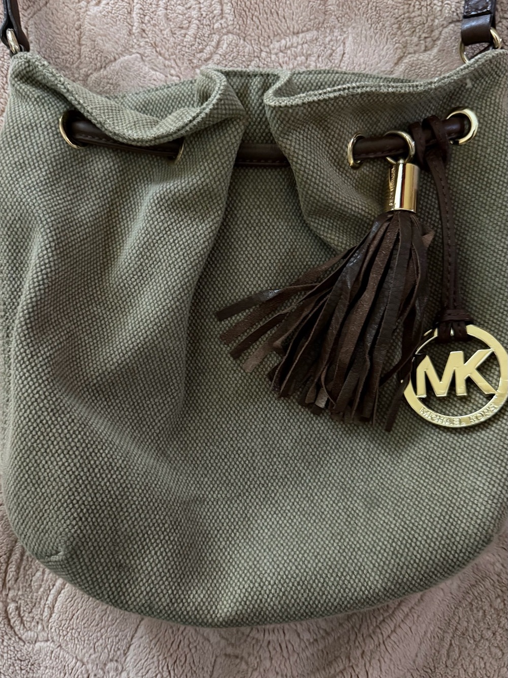 Michael Kors Olive Canvas Drawstring Hobo with Brown Tassel & Gold MK Charm